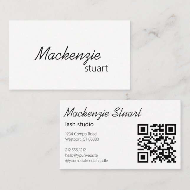 Modern Elegant Minimal Hår QR-kod Skript Visitkort (Fram/baksida)