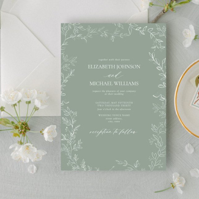 Modern Elegant - minimal Löv Sage Grönt Bröllop Inbjudningar (Skapare uppladdad)