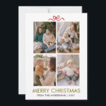 Modern ELegant Minimalist Merry Christmas 4 Photo Julkort<br><div class="desc">"Celebrate the season with this elegant holiday card featuring a stylish gold typography design and a charming red bow accent. This modern four-photo collage template allows you to showcase your family's favorite moments in a clean and sophisticated layout."</div>