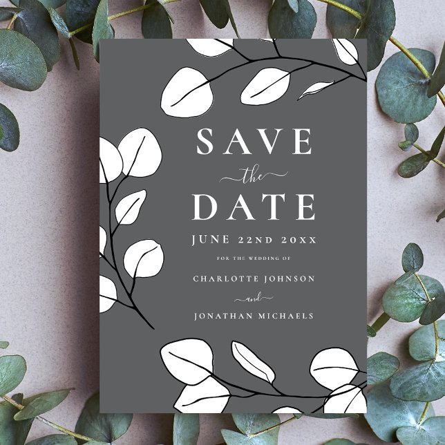 Modern Elegant Minimalistisk Lövgrå Bröllop Spara Datumet (Minimalist eucalyptus leaves modern stylish gray wedding save the date invitation )