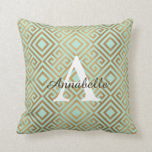 Modern Elegant Mint Grönt Guld Monogram Kudde