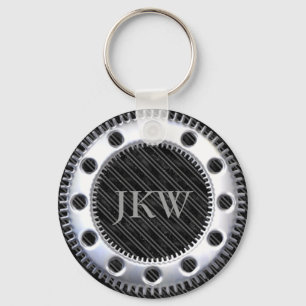 Modern Elegant Monogram Black och Grått Stripe Nyckelring