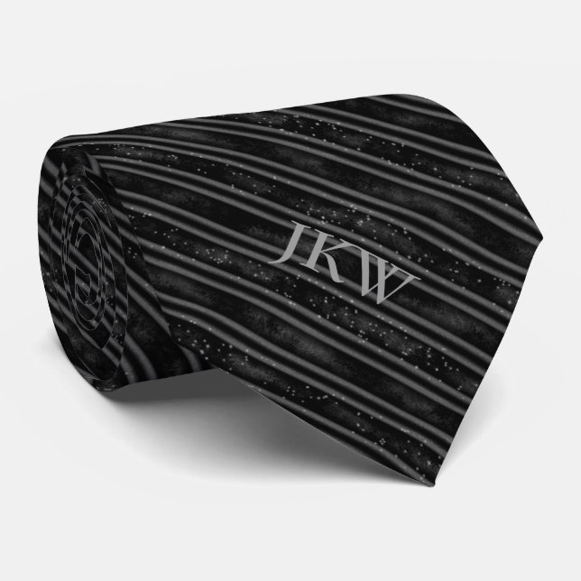 Modern Elegant Monogram Black och Grått Stripe Slips (Rullad)