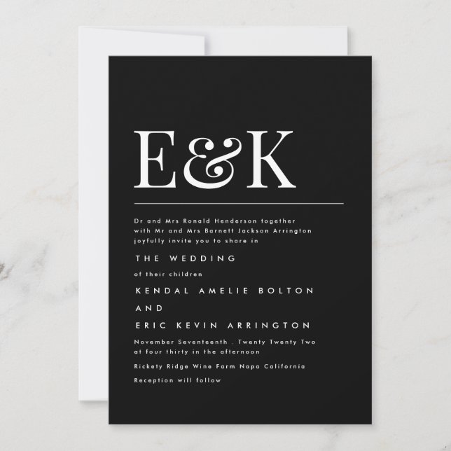 Modern Elegant Monogram Black White Bröllop Inbjudningar (Framsida)