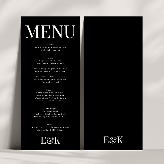 Modern Elegant Monogram Black White Bröllop Meny (Skapare uppladdad)