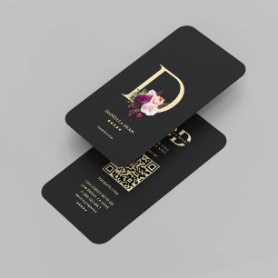 Modern Elegant Monogram D Blommigt Black Guld Visitkort