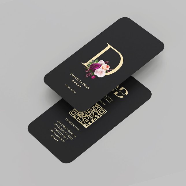 Modern Elegant Monogram D Blommigt Black Guld Visitkort (Modern Elegant Monogram D Floral Professional Black Gold Business Card
)