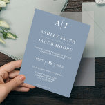 Modern Elegant Monogram Dusty Blue Bröllop Inbjudningar<br><div class="desc">En modern minimal bröllopsinbjudan har en klassisk typsnittsdesign och snyggt trendig med dammig blå färg palett. Anpassa den här designmallen med anpassningsbar initialer och information.</div>