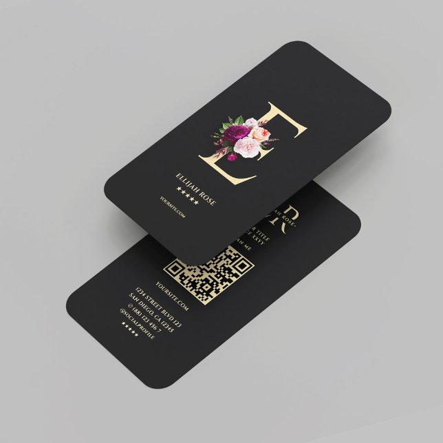Modern Elegant Monogram E Blommigt Black Guld Visitkort (Modern Elegant Monogram E Floral Black Gold Business Card
)