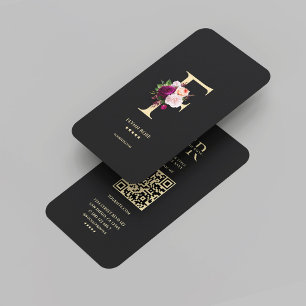 Modern Elegant Monogram F Blommigt Ro Black Visitkort