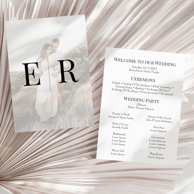 Modern Elegant Monogram Foto Bröllopsprogram Program (Modern Elegant Monogram Photo Wedding Program on a sunny white dry palm leaf.)