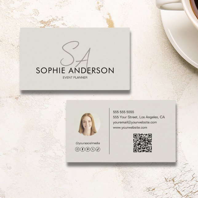 Modern Elegant-monogram-fotoQR-kod Visitkort (Modern Elegant Monogram Photo QR Code Business Card)