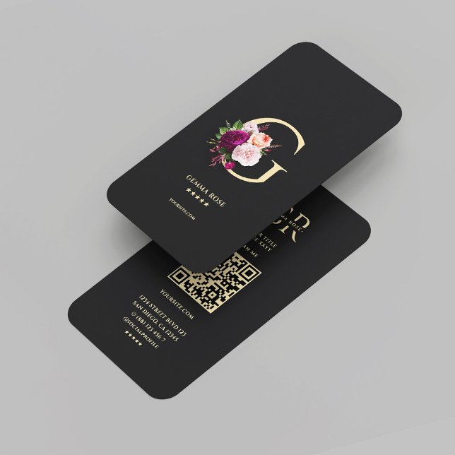 Modern Elegant Monogram G Blommigt Black Guld Visitkort (Modern Elegant Monogram G Floral Black Gold Business Card
)