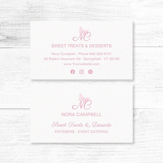 Modern Elegant Monogram Girly Baby Rosa Butterfly Visitkort (Modern, elegant baby pink typography, butterfly monogram business card with social media icons.)