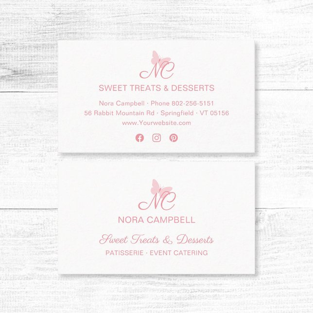Modern Elegant Monogram Girly Peach Rosa Butterfly Visitkort (Modern, elegant peach pink typography, butterfly monogram business card with social media icons.)