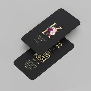 Modern Elegant Monogram K Blommigt Black Guld Visitkort