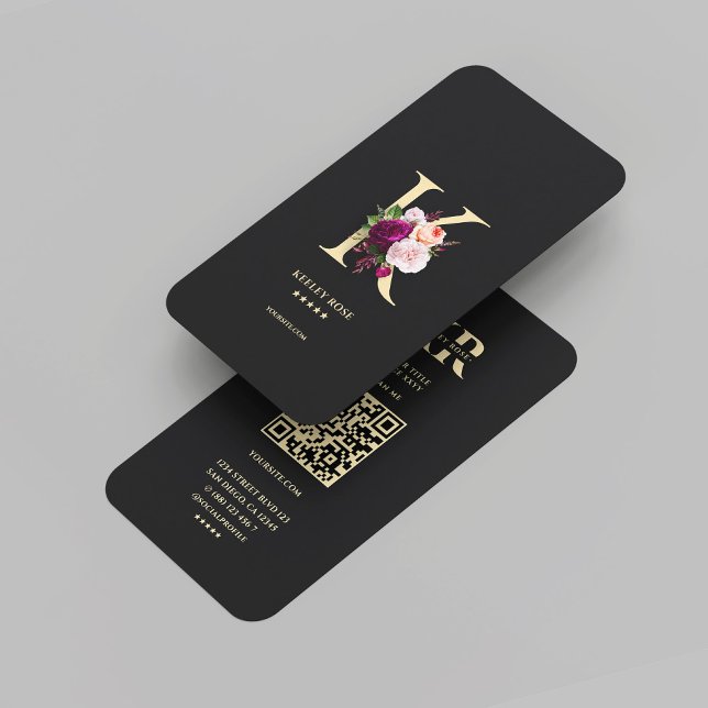 Modern Elegant Monogram K Blommigt Black Guld Visitkort (Modern Elegant Monogram K Floral Black Gold Business Card
)
