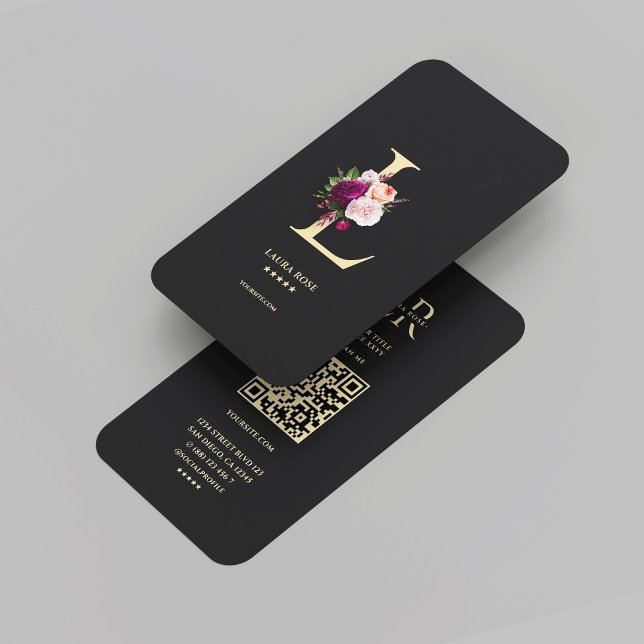 Modern Elegant Monogram L Blommigt Black Guld Visitkort (Modern Elegant Monogram L Floral Black Gold Business Card
)