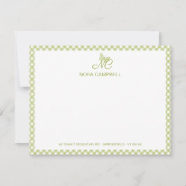 Modern Elegant Monogram Ljust grönt Gingham Checks Anteckningskort