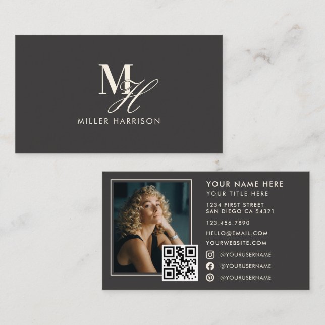 Modern Elegant Monogram Lyx Foto QR-kod Visitkort (Fram/baksida)