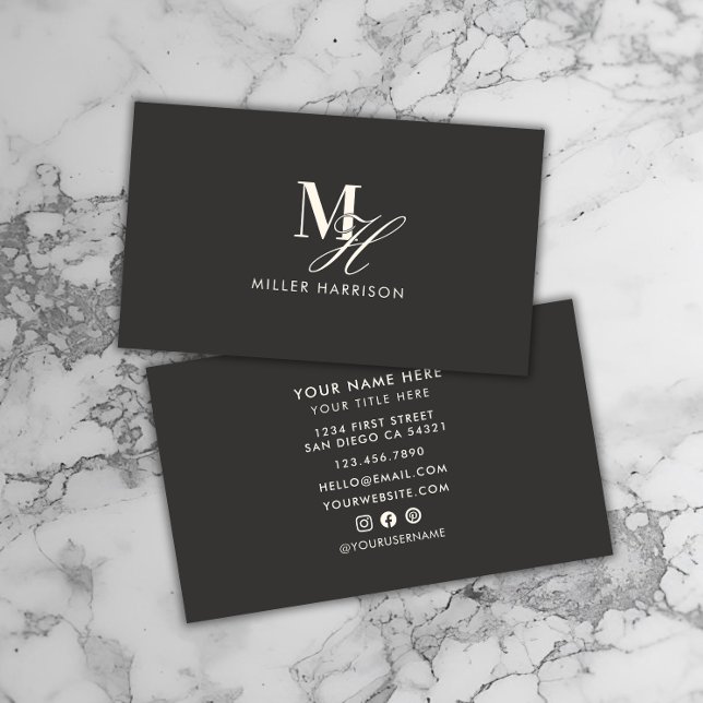 Modern Elegant Monogram Lyx | Svart Vitt Visitkort (Skapare uppladdad)