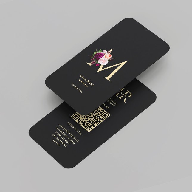 Modern Elegant Monogram M Blommigt Black Guld Visitkort (Modern Elegant Monogram M Floral Black Gold Business Card
)