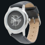 Modern Elegant Monogram Namn Black Grått-skript Armbandsur<br><div class="desc">Modern Elegant Monogram Namn Black Grått Script Watch är en blandning av tidlös elegans och personlig stil. Den här sofistikerade tidsbiten har ett klassiskt svart klocka ansikte med ett elegant grått-skript som visar anpassningsbarnas monogram och namn. Utformningen kombinerar en elegant och underskattad estetik med en högkvalitativ klocka. Den är utformad...</div>