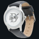 Modern Elegant Monogram Namn Black Grått-skript Armbandsur<br><div class="desc">Modern Elegant Monogram Namn Black Grått Script Watch är en blandning av tidlös elegans och personlig stil. Den här sofistikerade tidsbiten har ett klassiskt svart klocka ansikte med ett elegant grått-skript som visar anpassningsbarnas monogram och namn. Utformningen kombinerar en elegant och underskattad estetik med en högkvalitativ klocka. Den är utformad...</div>