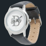 Modern Elegant Monogram Namn Black Grått-skript Armbandsur<br><div class="desc">Modern Elegant Monogram Namn Black Grått Script Watch är en blandning av tidlös elegans och personlig stil. Den här sofistikerade tidsbiten har ett klassiskt svart klocka ansikte med ett elegant grått-skript som visar anpassningsbarnas monogram och namn. Utformningen kombinerar en elegant och underskattad estetik med en högkvalitativ klocka. Den är utformad...</div>