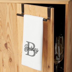 Modern Elegant Monogram Namn Black Grått-skript Kökshandduk