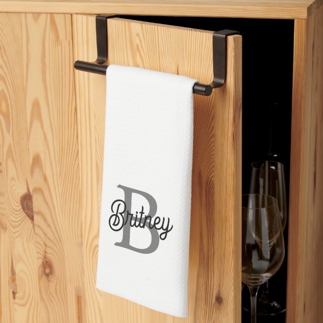Modern Elegant Monogram Namn Black Grått-skript Kökshandduk (Thirds Fold)