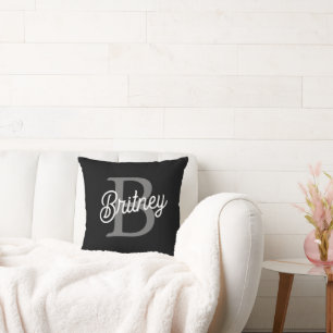 Modern Elegant Monogram Namn Black Grått-skript Kudde