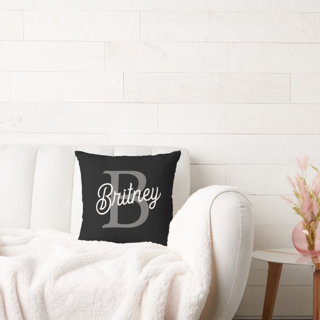 Modern Elegant Monogram Namn Black Grått-skript Kudde (Soffa)