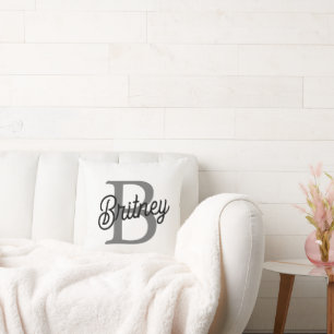 Modern Elegant Monogram Namn Black Grått-skript Kudde