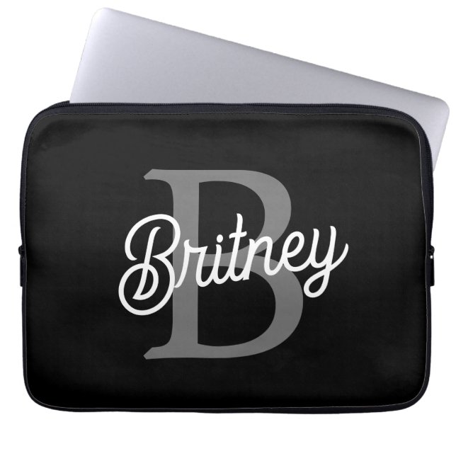 Modern Elegant Monogram Namn Black Grått-skript Laptop Fodral (Framsidan)