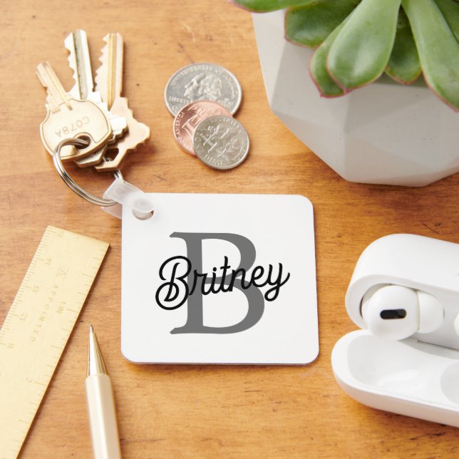 Modern Elegant Monogram Namn Black Grått-skript Nyckelring (Skrivbord)