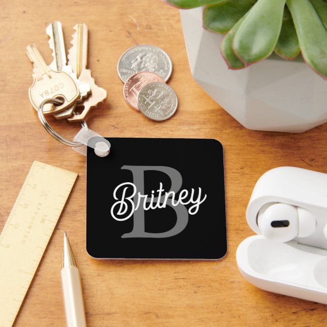 Modern Elegant Monogram Namn Black Grått-skript Nyckelring (Skrivbord)