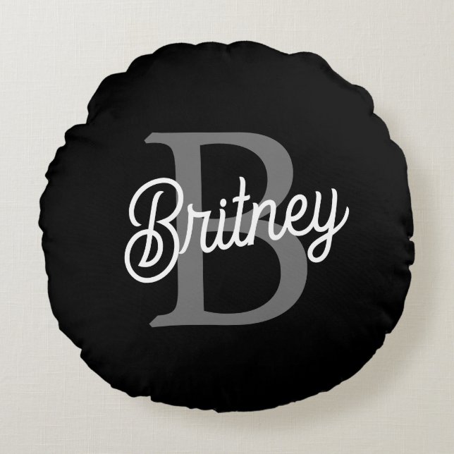 Modern Elegant Monogram Namn Black Grått-skript Rund Kudde (Framsidan)