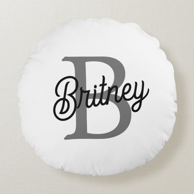 Modern Elegant Monogram Namn Black Grått-skript Rund Kudde (Framsidan)