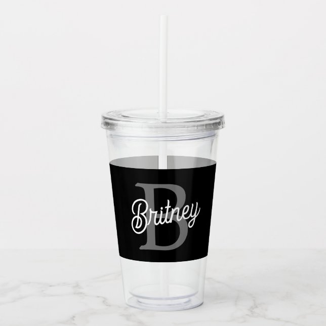 Modern Elegant Monogram Namn Black Grått-skript Take Away Mugg (Framsida)