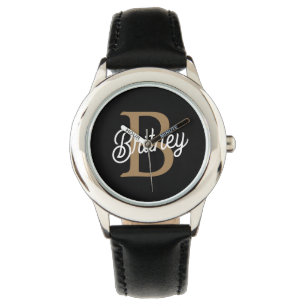Modern Elegant Monogram Namn Black Guld Armbandsur