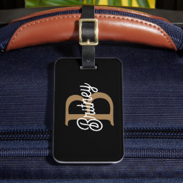 Modern Elegant Monogram Namn Black Guld Bagagebricka