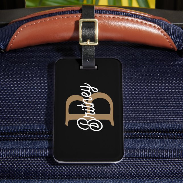 Modern Elegant Monogram Namn Black Guld Bagagebricka (Framsida Insitu 2)