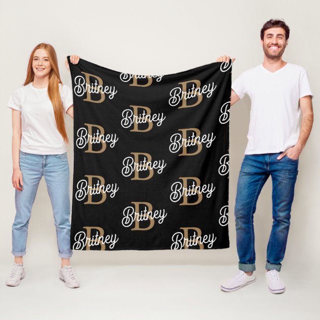 Modern Elegant Monogram Namn Black Guld Fleecefilt (På plats)
