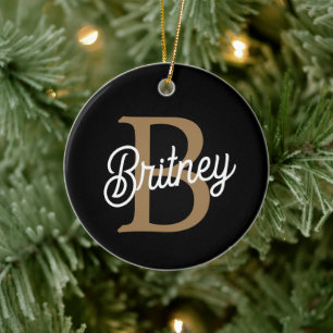 Modern Elegant Monogram Namn Black Guld Julgransprydnad Keramik