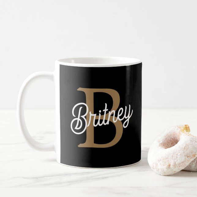 Modern Elegant Monogram Namn Black Guld Kaffemugg (Med munk)
