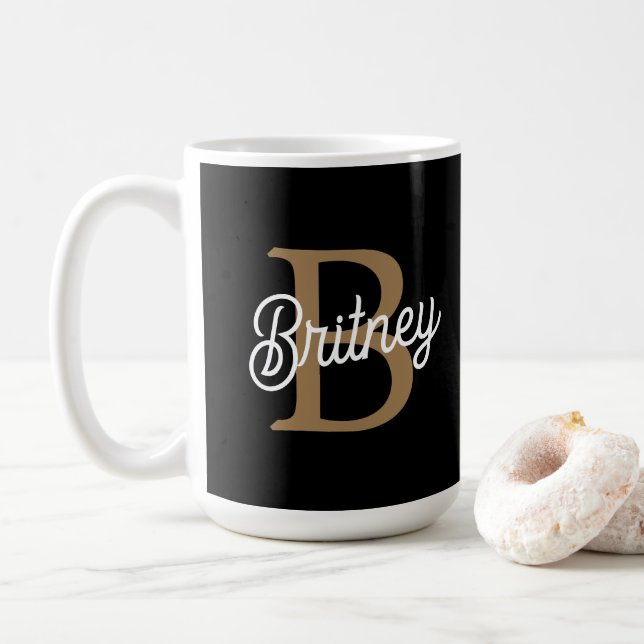 Modern Elegant Monogram Namn Black Guld Kaffemugg (Med munk)