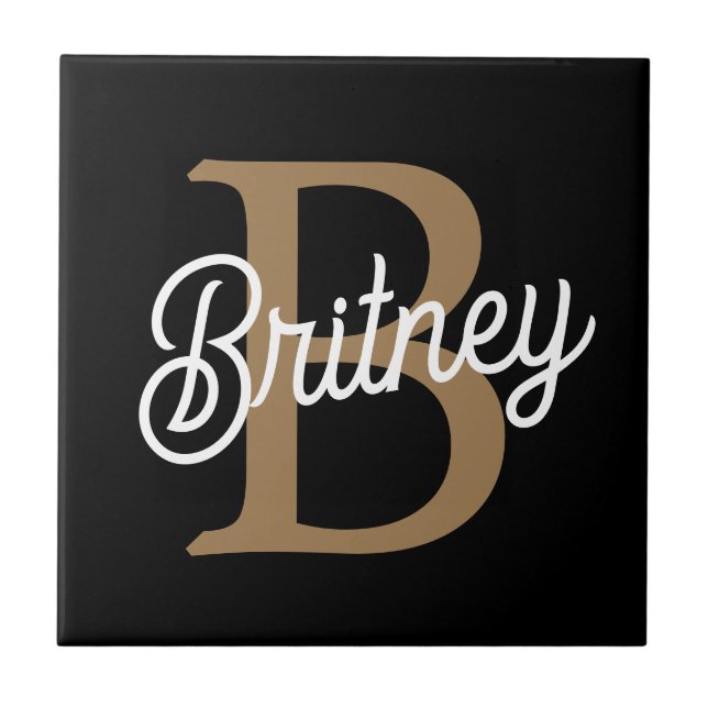 Modern Elegant Monogram Namn Black Guld Kakelplatta (Framsidan)