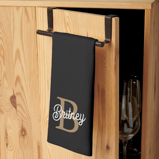 Modern Elegant Monogram Namn Black Guld Kökshandduk (Thirds Fold)