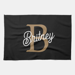 Modern Elegant Monogram Namn Black Guld Kökshandduk